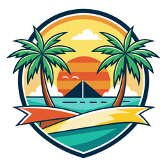 Vector art of vibrant tropical beach scene with palm trees, a surfboard, and a setting sun over the ocean, perfect for summer vacation and travel themes