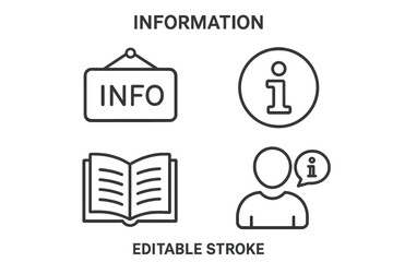 Information icon set. Info point symbol. Customer support and help desk signs. FAQ, guide, manual concepts. Vector line art for web and app UI and UX. Editable stroke.