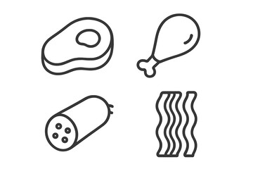 Meat products icon set. Vector line icons of steak, chicken leg, sausage, and bacon for web, apps, and butcher shop menus. Editable stroke graphic elements. Simple food.