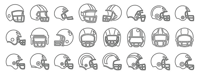 Rugby helmet icons set. Line art icons showcasing various football helmets, emphasizing player protection and the spirit of the game
