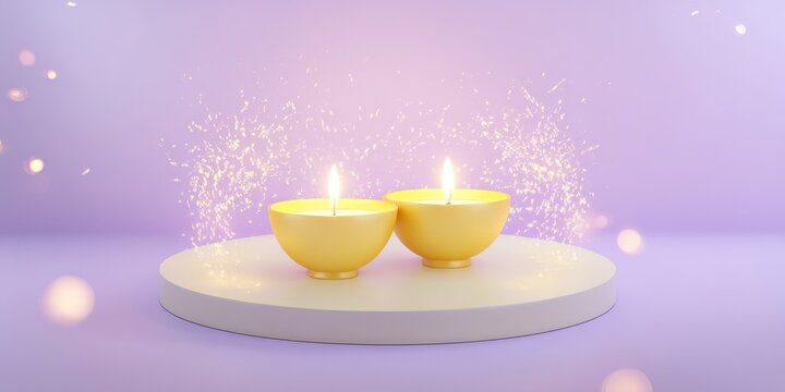 The yellow candles glowing serenely with sparkling effects on a purple background. - Powered by Adobe
