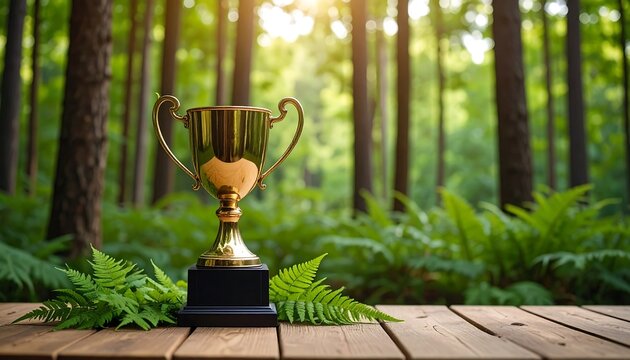 Golden trophy in a forest setting