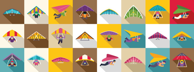 Hang gliding icons set. Hang gliding pilots flying with colorful deltaplanes, flat design icon set with long shadow