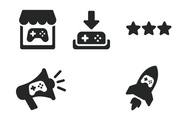 Game publishing and marketing icons set. Solid vector illustration pack of storefront, gamepad download, rating stars, promotion megaphone, rocket launch. Gaming platform elements isolated.