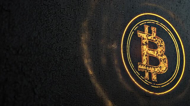 Bitcoin logo animates pulsing ring effect minimal dark mosaic texture modern crypto finance abstract loop