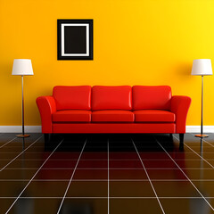 3D Illustration- Red Sofa, Yellow Wall, Black Floor, Interior Design