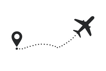 Aircraft flight path vector illustration with dotted route line, airplane silhouette navigating waypoint, aviation navigation concept, travel and transportation map design elements