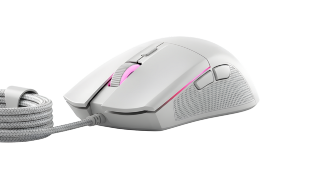 Modern white computer mouse with rgb lighting and braided cable, isolated on a transparent background