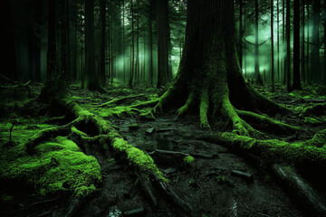 Obraz premium Moss-Covered Tree Roots in Misty Forest