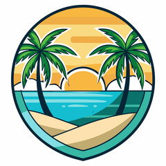 Vector art of circular graphic depicting a serene tropical beach at sunset with two palm trees framing the view of the ocean and sun