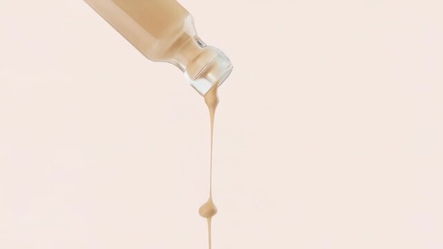 Glass pipette with flowing matte nude foundation drop white background. Sample of cosmetic beauty makeup product. Liquid tint, fluid, beige concealer for contouring, skin tone correction. Copy space