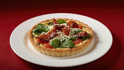 Delicious breakfast pie featuring eggs, fresh greens, tomatoes, crispy bacon, and melted cheese