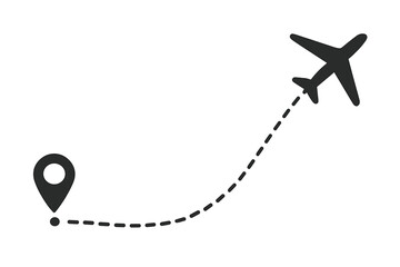 Airplane flight path with location pin. Travel route concept with dotted line from start to destination. Journey, trip, or vacation symbol. Aircraft flying icon vector.