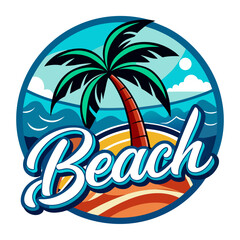 Fototapeta premium Vector art of circular graphic showcasing a single palm tree on a tropical beach with ocean waves and the word beach, ideal for summer vacation