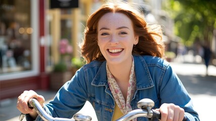 A beautiful ginger girl smiling widely while riding a bicycle on the city road