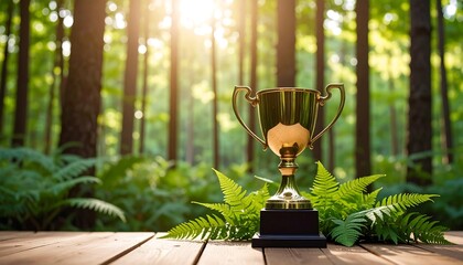 Golden trophy in forest setting