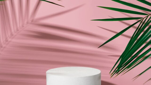 Podium for cosmetic product advertising demonstration on pink background. Palm leaves sway in the wind, summer mood and hot summer concept