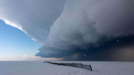 A dramatic shelf cloud formation heralding an approaching storm. The scene captures the raw power of nature with the ominous sky and the stark landscape