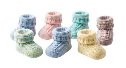 Collection of colorful knitted baby booties in pastel colors, isolated on transparent background
