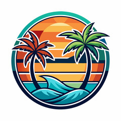 Obraz premium Vector art of circular vector logo showcasing two palm trees on a tropical beach with a colorful sunset and stylized ocean waves, evoking a sense of summer adventure