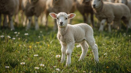 Obraz premium Sheep carrying a lively lamb in playful stance