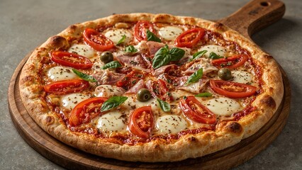 Delicious Capricciosa Pizza Made at Home with Fresh Tomatoes, Olives, Cheese, and Ham