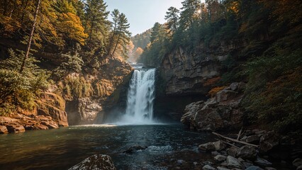 A waterfall with two drops found in a forested mountain range