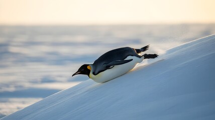 Obraz premium An emperor penguin slides down a snow-covered slope, displaying elegance and agility. Its sleek black and white plumage contrasts with the pristine snowy landscape