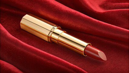 Elegant Golden Lipstick Tube On Luxurious Red Satin Fabric For A Sophisticated Cosmetic Look