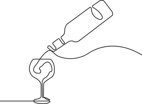 Minimalist continuous one line drawing of wine bottle pouring into glass, elegant modern line art for bar menu, celebration, restaurant, beverage design. - Powered by Adobe