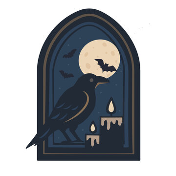 Black crow with candles and full moon in gothic window