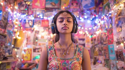 Fototapeta premium Modern Fusion: Teen Girl in Ghagra Listening to K-Pop Amid Indian Decor and Fairy Lights