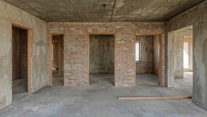Unfinished brick dwelling interior showing concrete floor and bare walls ready for finishing in the construction phase.