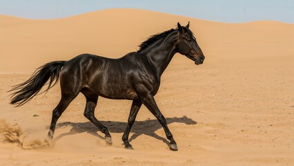 An elegant black horse gallops across a vast sandy landscape, demonstrating the pure beauty and strength of its indigenous breed in motion.