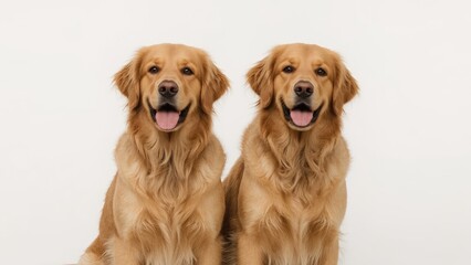 Golden retriever dogs in natural setting, white background, animal beauty and joy, sport theme, black and white portrait