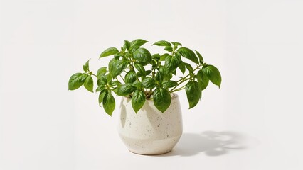 Fototapeta premium Green basil leaves growing in a ceramic pot with a white background