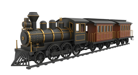 Obraz premium A vintage black steam locomotive pulling passenger carriages on a railroad track, isolated on transparent background