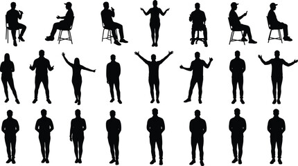 Silhouettes of people, standing poses, seated figures, mobile phone use, expressive gestures, human posture, people silhouettes, modern actions, body language, pose collection