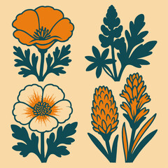 Colorful illustration of Californian wildflowers in a retro style, featuring poppies, lupines, and other native blooms, perfect for botanical prints, nature-themed decor, and vintage-inspired designs