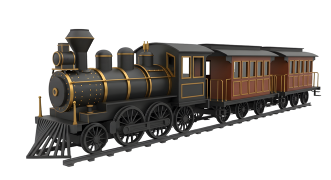 A vintage black steam locomotive pulling passenger carriages on a railroad track, isolated on transparent background