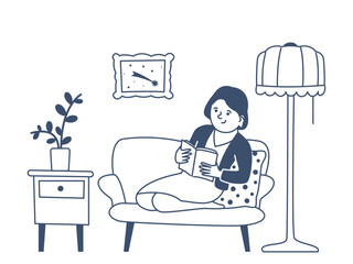 Girl reading book. Female characters holding notebook, read on sofa in living room. Resting time, hobby or study. Woman reader recent vector scene