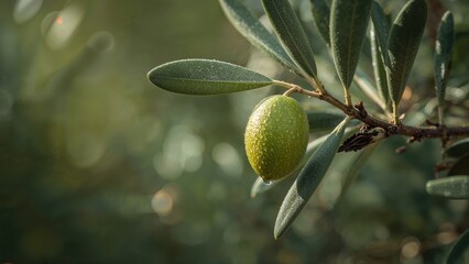 Fresh green olive resting on a branch surrounded by nature