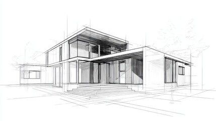 Architectural drawing presenting contemporary residential design featuring expansive glazing, central staircase entrance, nestled among surrounding woodland landscape