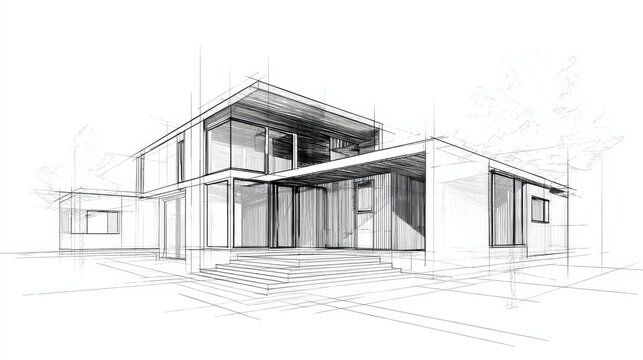 Architectural drawing presenting contemporary residential design featuring expansive glazing, central staircase entrance, nestled among surrounding woodland landscape