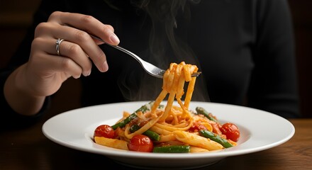 Hand holding a fork about to taste a delicious dish, showcasing culinary presentation and inviting flavors, perfect for concepts of gastronomy, fine dining, and food enjoyment