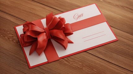 Gift card with red ribbon lying on weathered wooden surface, symbolizing festive generosity and personal celebration moments during holiday season