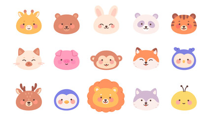 Funny simple animal faces. Isolated cartoon animals avatars. Cute lion cat tiger bee bunny deer panda fox. Childish mascots, stylish stickers vector set
