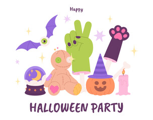 Halloween party poster. Cartoon voodoo doll, creepy cat paw on bone, zombie green hand and pumpkin in witch hat. Autumn festival elements, vector scene