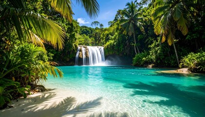 Tropical waterfall cascading into a turquoise pool, surrounded by lush greenery