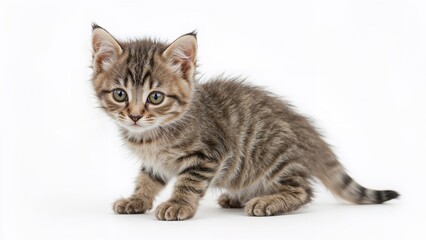 Obraz premium Small gray cat with stripes on a white surface
